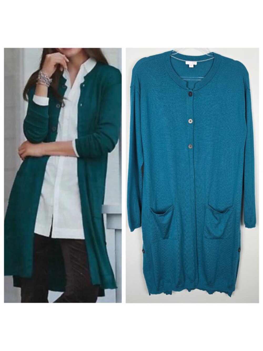 J. Jill Cardigan Longline Wool Blend Button Front Long Sleeve Teal Green Size M